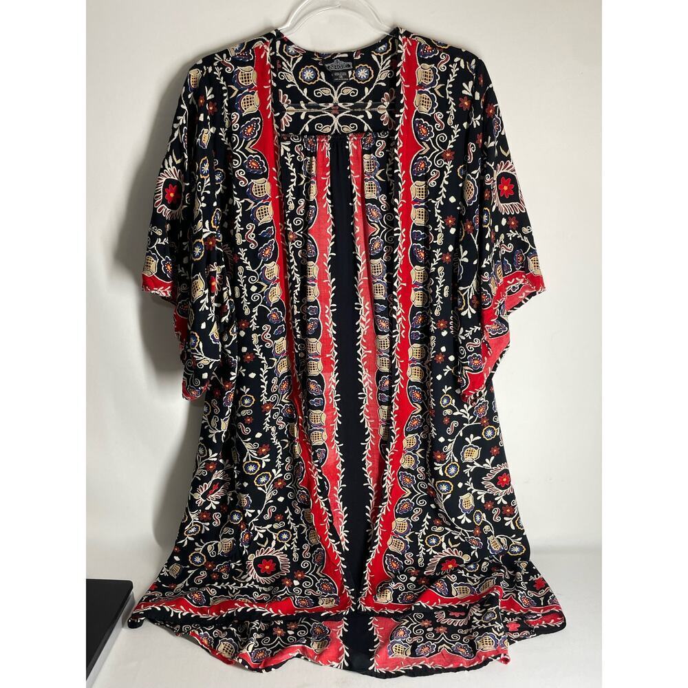 Angie Red Black Floral Long Line Short Sleeve Open Front Kimono Cover Medium
